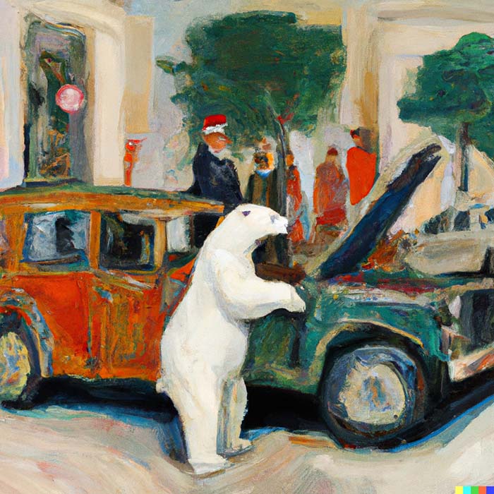 An AI generated image of a polar bear shopping for a car.