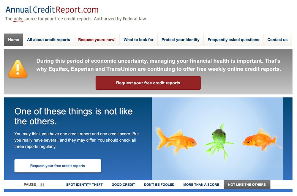 The home page of the Annual Credit Report website.