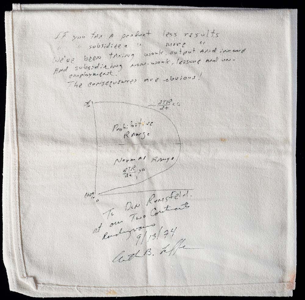 An image of the napkin drawing of the Laffer Curve.