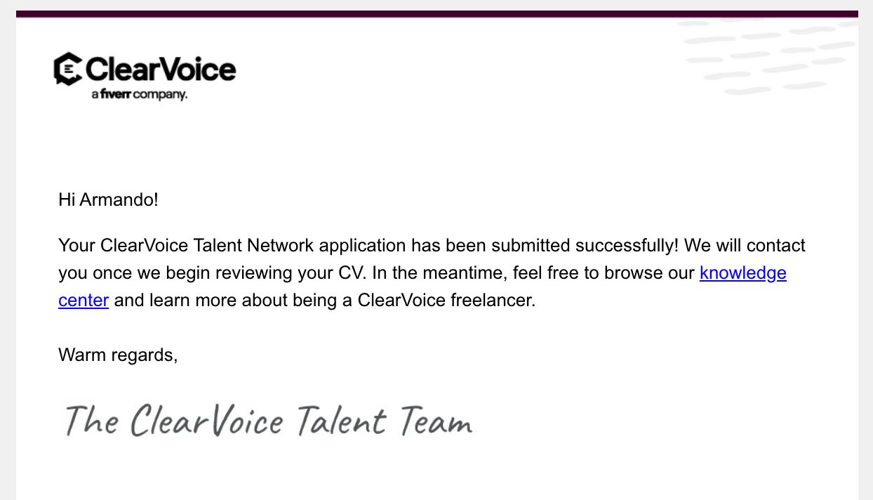 A screen capture of the ClearVoice Talent Team message.