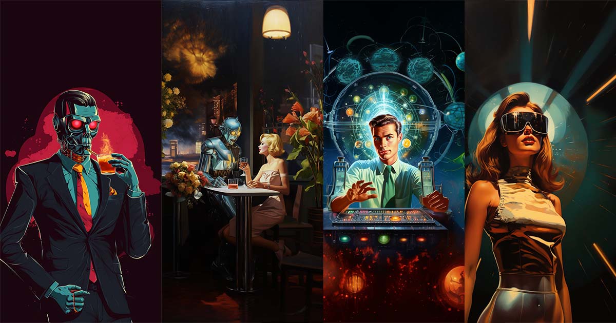 Shows four AI images include a robot drinking a cocktail, a robo server, a man at a keyboard, and. woman with dark glasses.