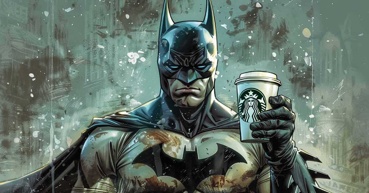 An AI-generated image of Batman holding a drink from Starbucks.