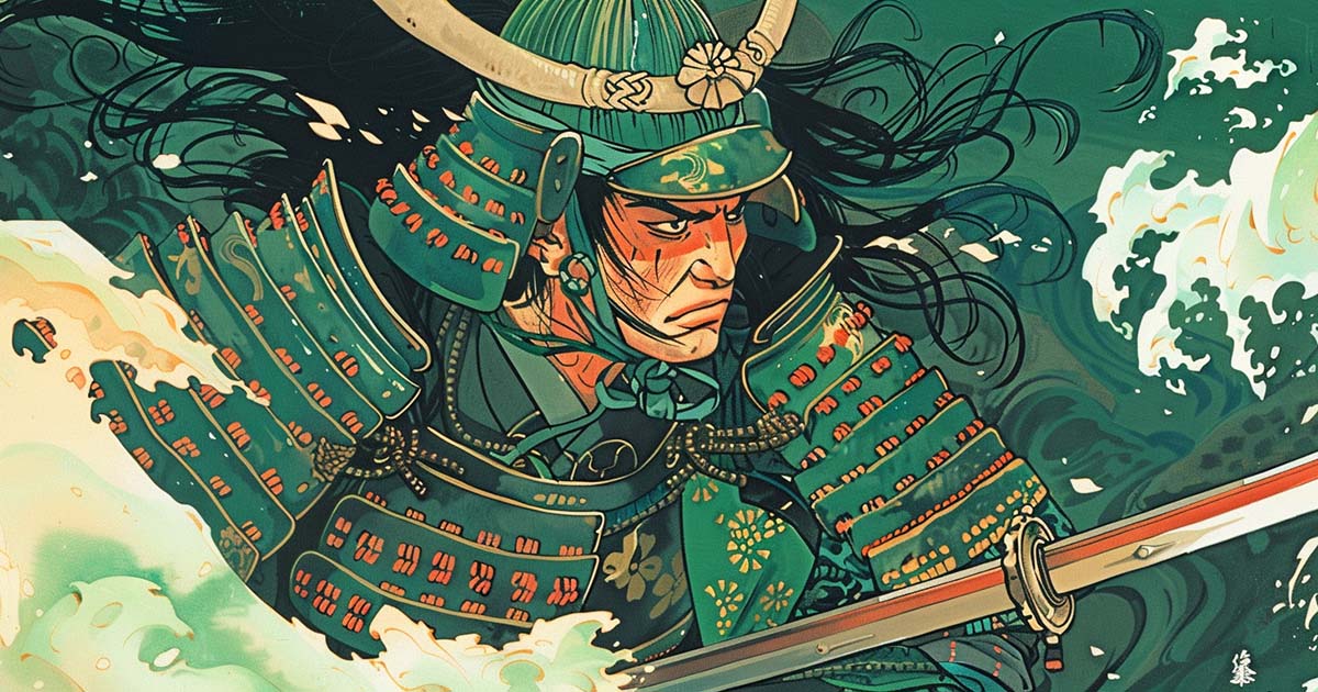 An AI-generated image of a samurai in green armor.
