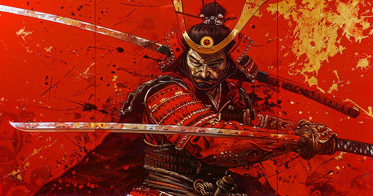 An AI-generated image of a samurai with a red background.