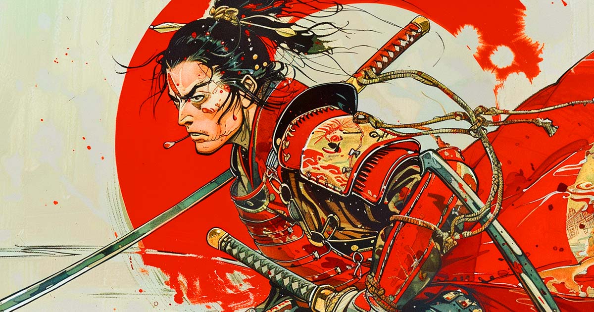 An AI-generated image of a samurai in red armor.