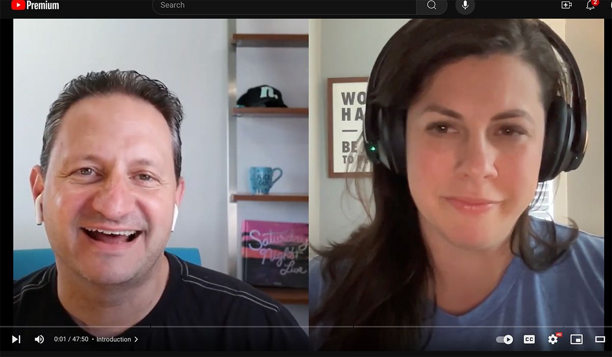 A screen capture from YouTube showing a disproportional host and guest from a video podcast.