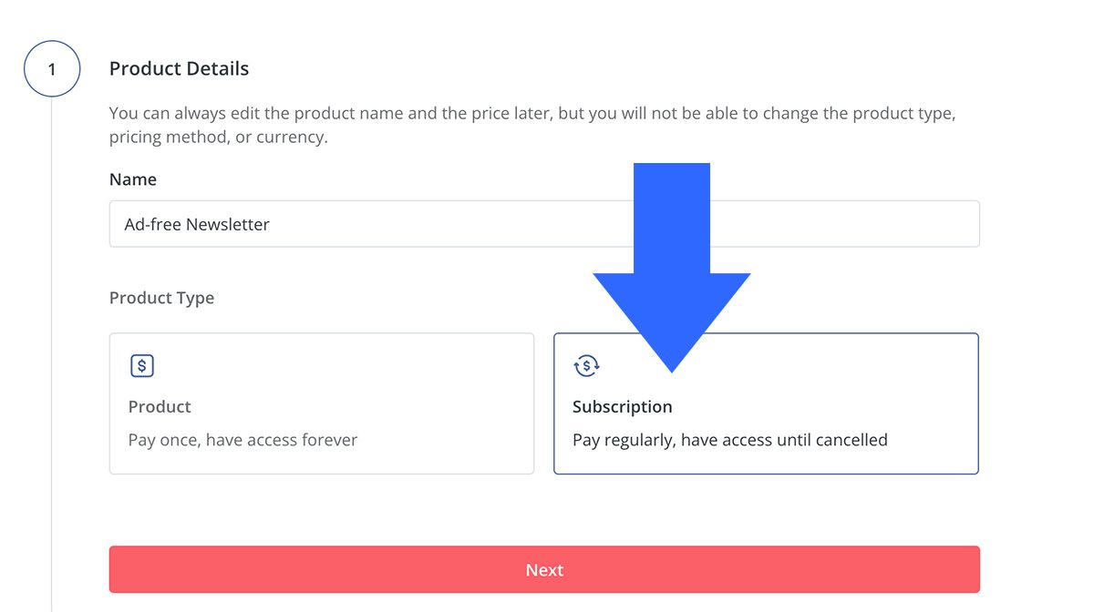 A screen capture from the ConvertKit app showing the subscription option for products.