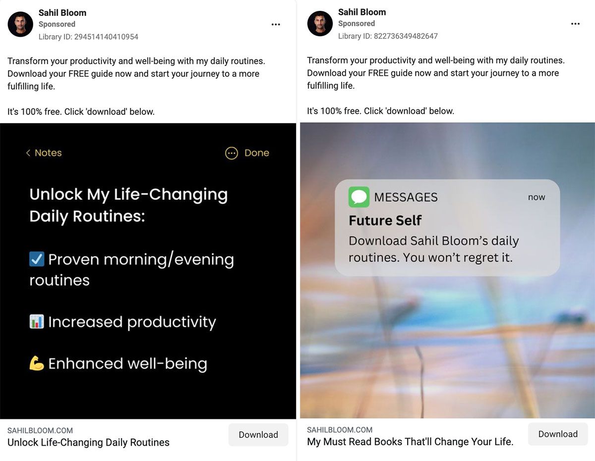 Screen captures of two of Bloom's Meta ads from the Facebook Ad Library.