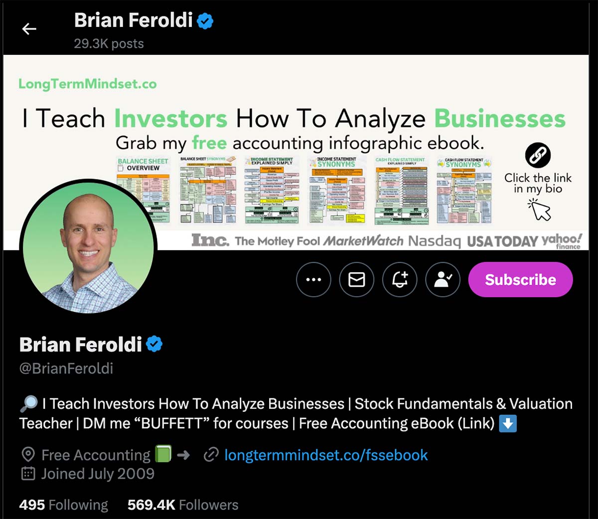 A screen capture of Brian Feroldi's X profile.