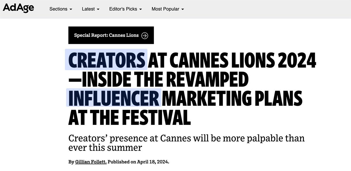 A screen capture from the AdAge website showing the use of "Creators" and "Influencer" in the same article title.