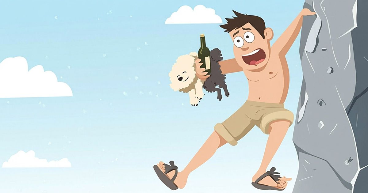 An AI-generated cartoon of a man with a poodle and a wine bottle climbing a cliff.