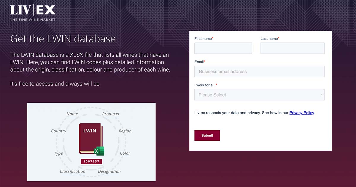 A screen capture of the LWIN database landing page.