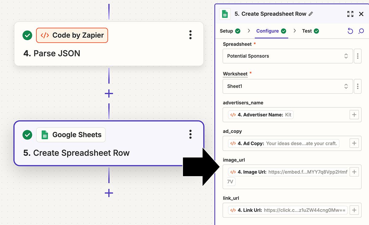 A screen capture of the zap showing the Google Sheets integration.