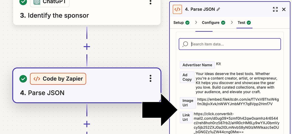 A screen capture showing the output from a Parse JSON step.