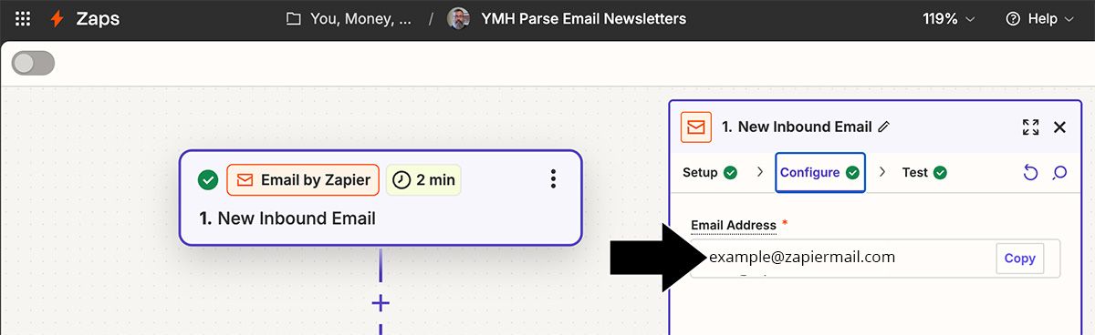 A screen capture from a Zapier zap showing the email address field in the Email by Zapier trigger.