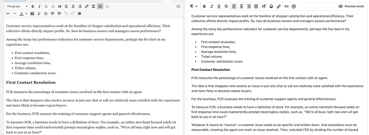 Two screen captures shown side by side demonstrating that at least in terms of editors a blog platform and a newsletter platform are similar.