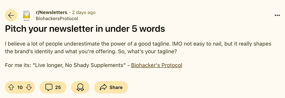 A screen capture from Reddit showing the "Pitch your newsletter" post.