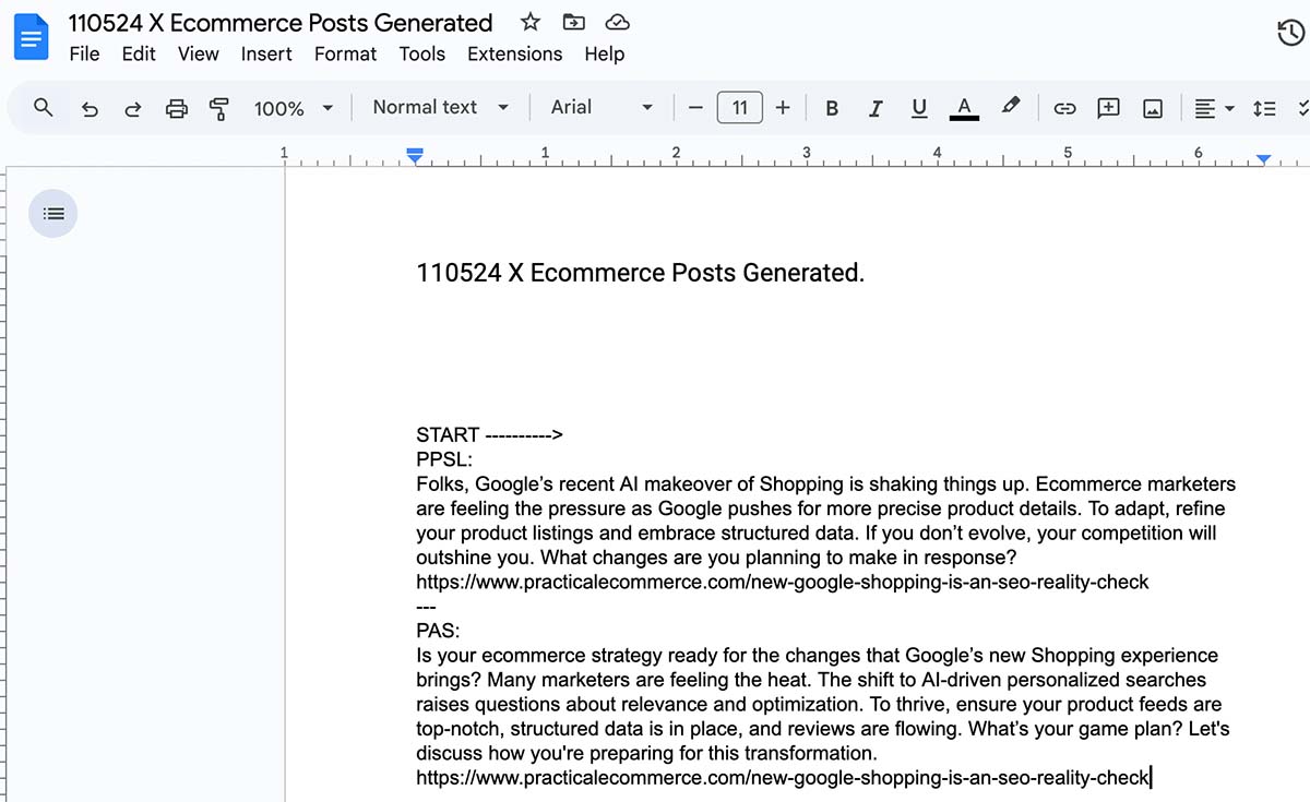 Screen capture of the Google document showing some of the generated content.