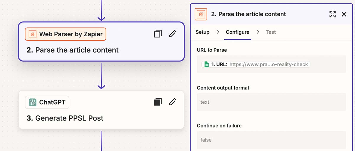 A screen capture of the Zapier interface showing the web parser step.