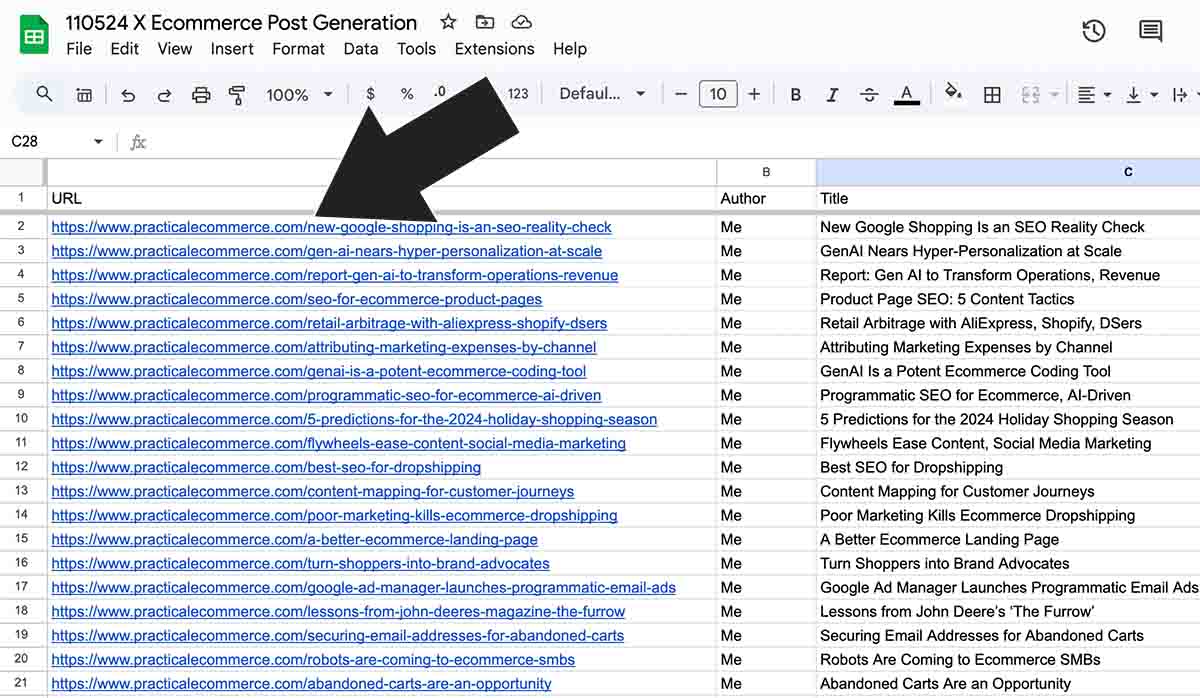 A screen capture from Google Sheets showing 20 source articles.