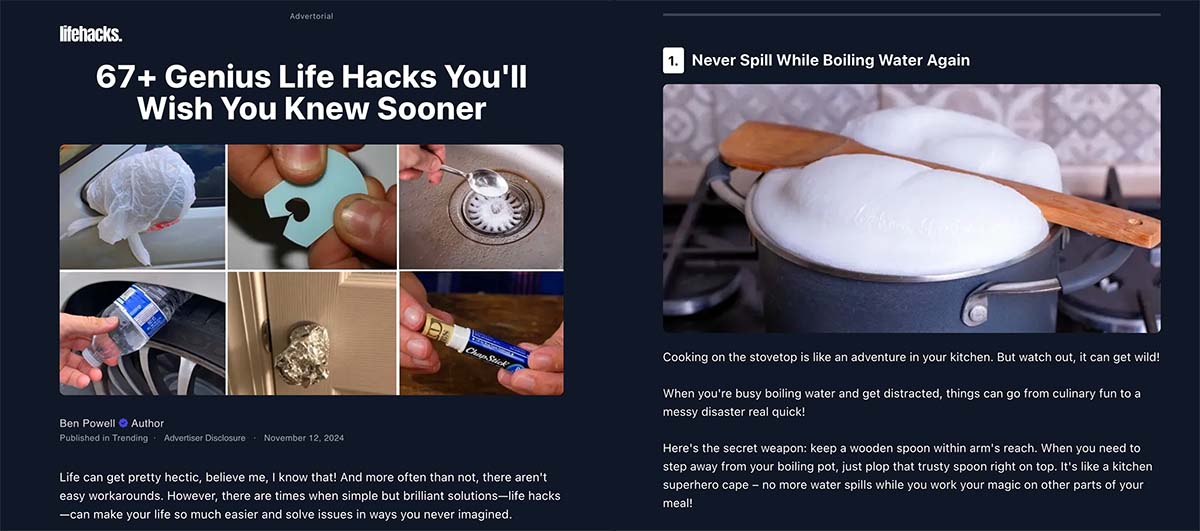 A screen capture from the advertorial showing both the page header and an example life hack.