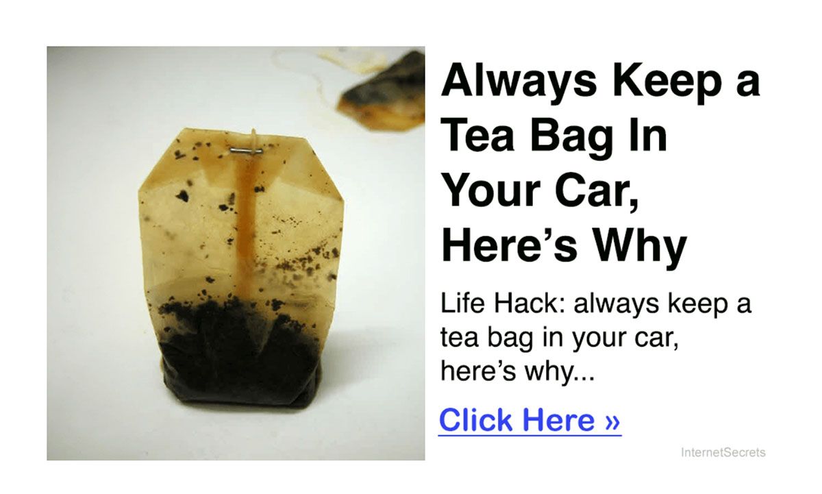 A screen capture of the ad showing a tea bag and the aforementioned headline.