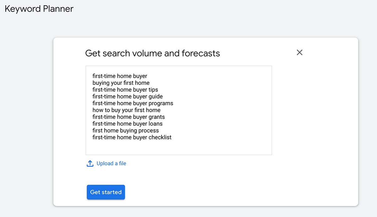 A screen capture of the Keyword Planner tool's submission form.