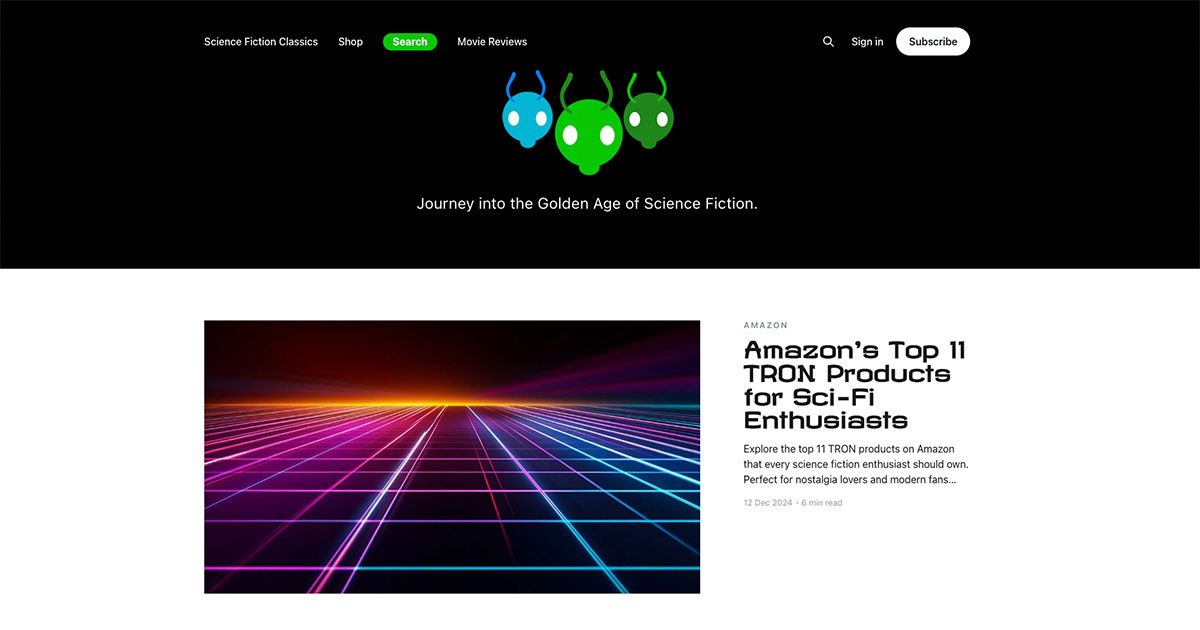 The screen capture shows the Science Fiction Classics website header with the "Amazon's Top 11 Tron Products" article.