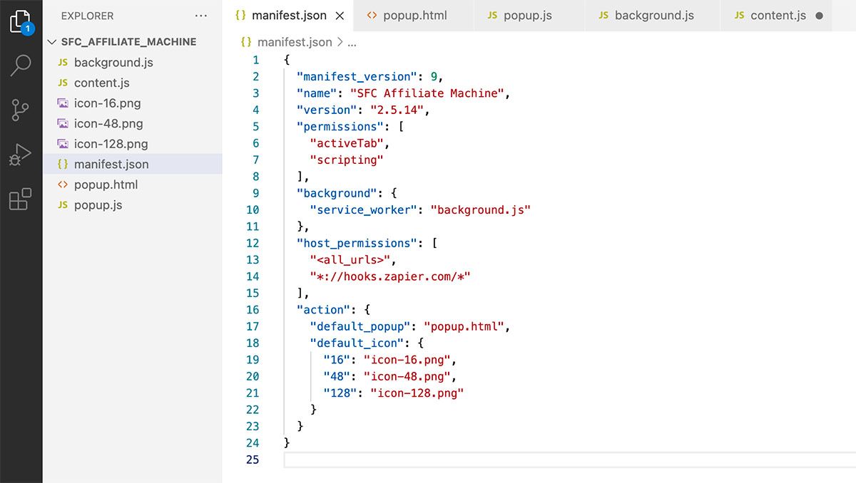 A screen capture from Visual Code Studio showing the Chrome extension's manifest.json file.