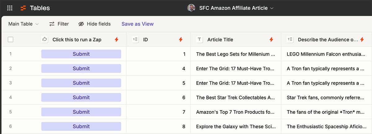 A screen capture showing the Zapier table.