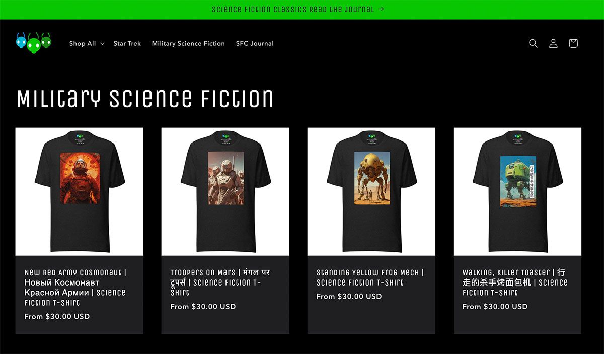 A screen capture showing four military-themed science fiction t-shirts.