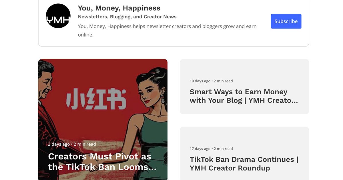 A screen capture from the You, Money, Happiness landing page hosted on Kit.