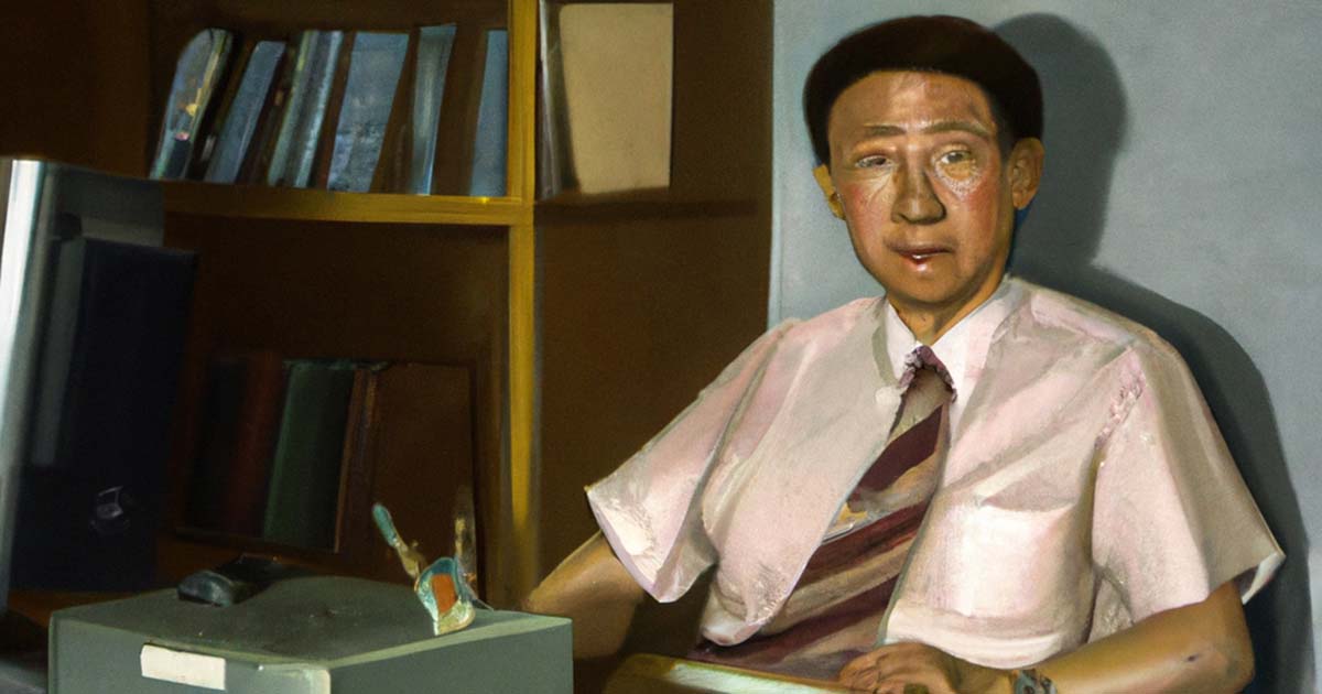 An oil painting of an account sitting at his desk in 1983 via the DALL-E 2 AI.