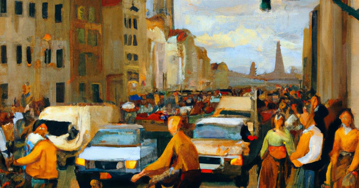 An AI generated image of traffic in a city in the style of Johannes Vermeer.