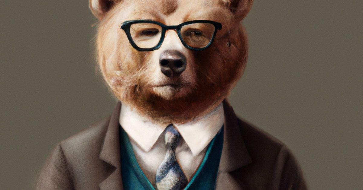 An AI generated image of a stern-looking bear dressed like a 1950s accountant.
