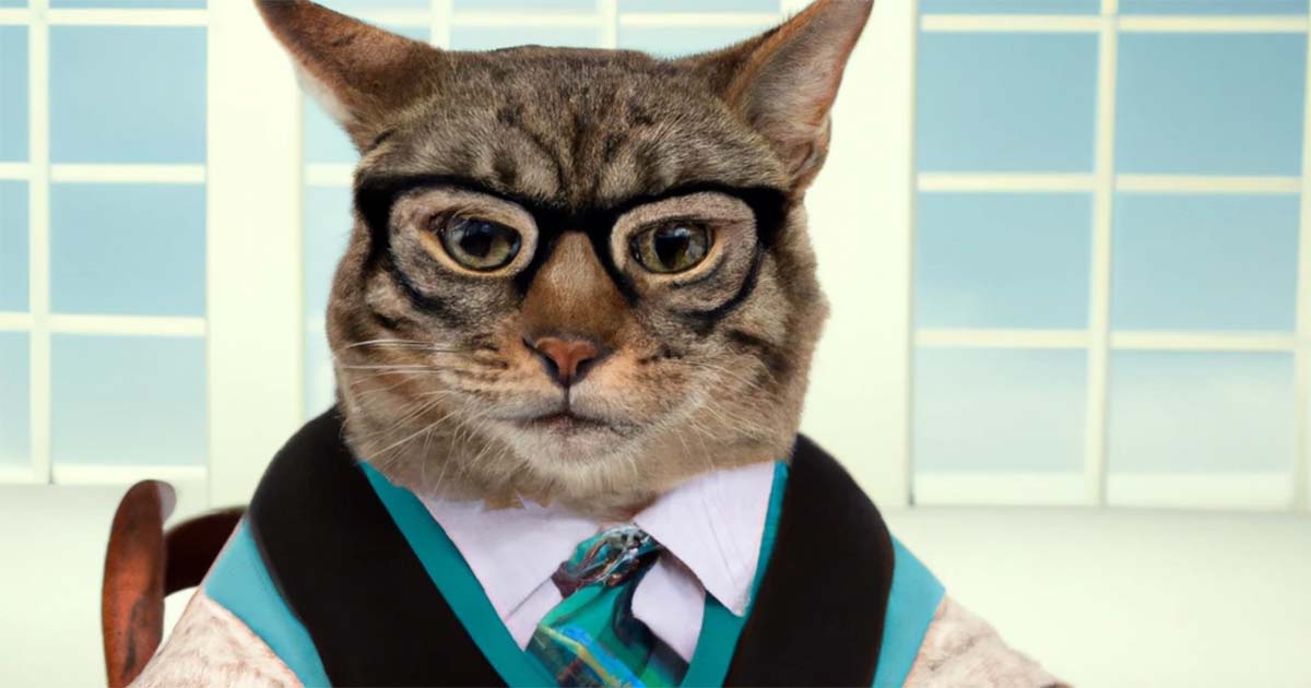 An AI generated image of a cat dressed like an accountant and thinking about reverse budgets.