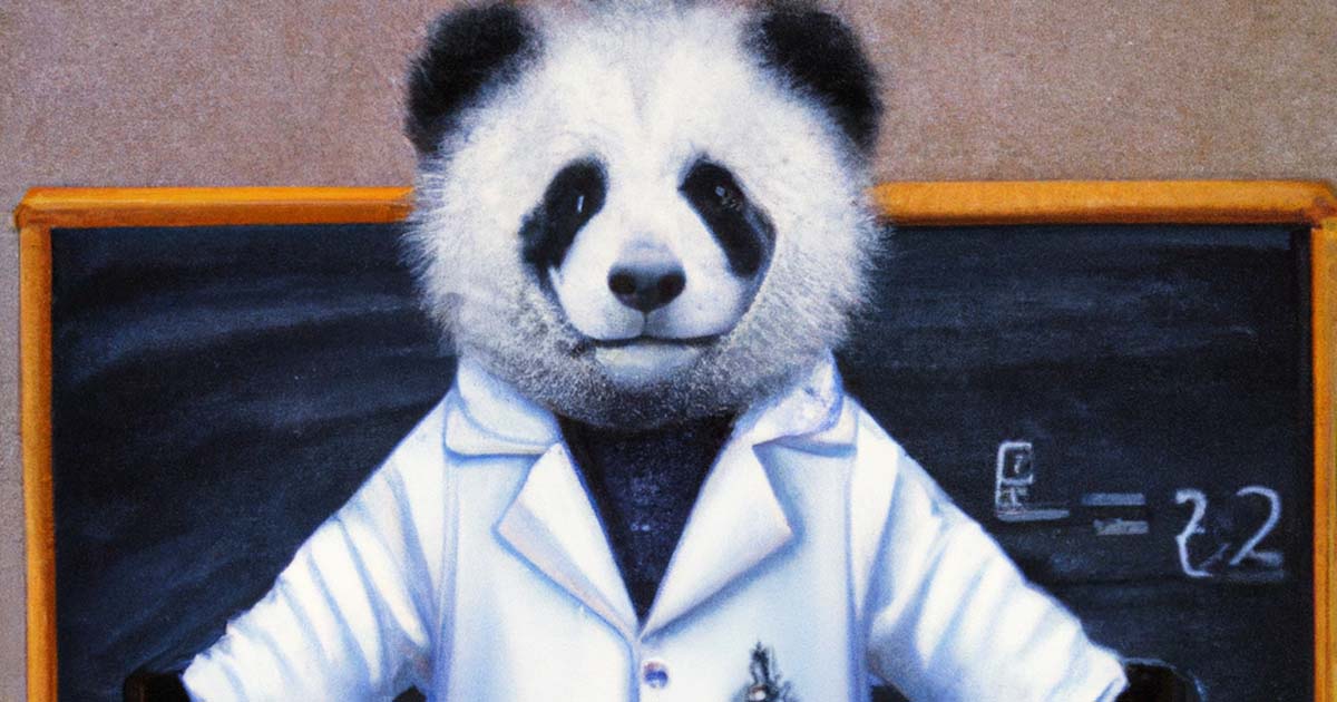 An AI generated image of a panda bear dressed like a scientist standing in front of a chalkboard.