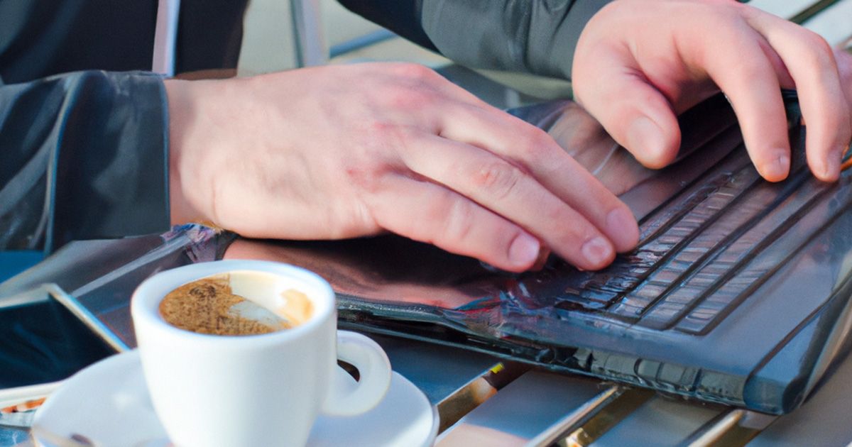 An AI generated image of a man working at a laptop whilst sitting at an outdoor cafe.