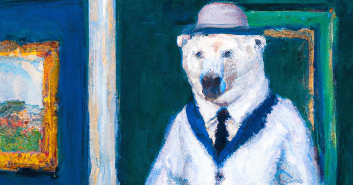 An AI generated image of a polar bear working as a bank teller.