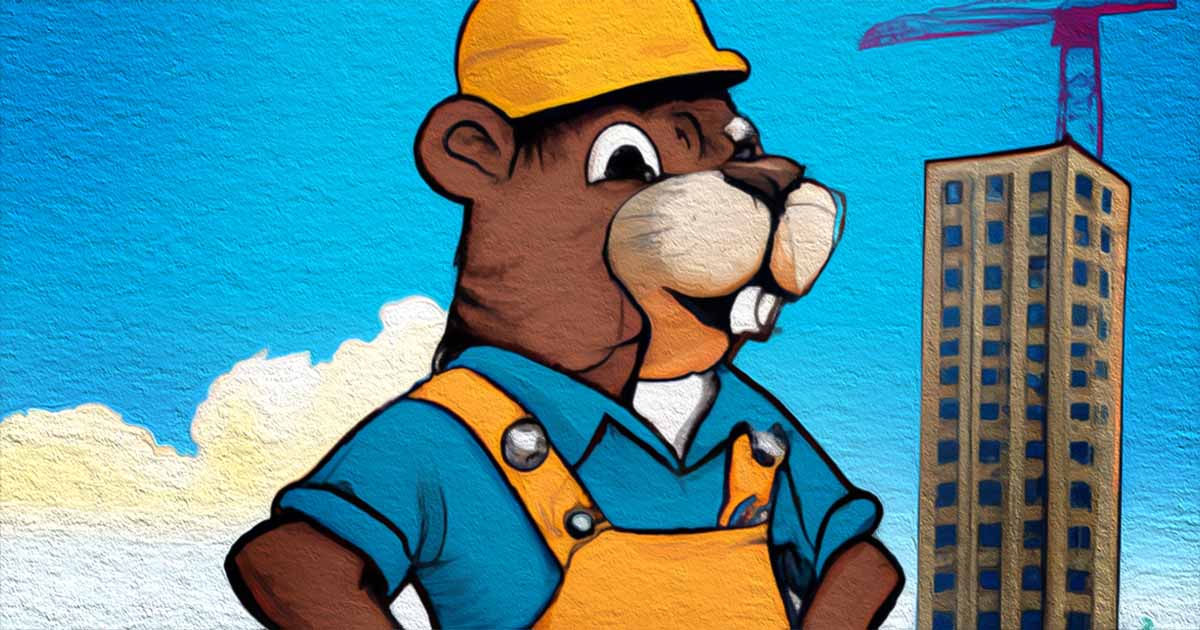 An AI-generated image of a beaver dressed like a construction worker.