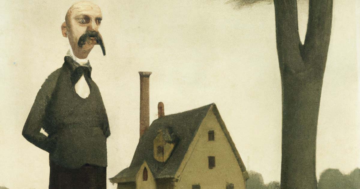 An AI-generated image of a man standing in front of a house in the style of Grant Wood.