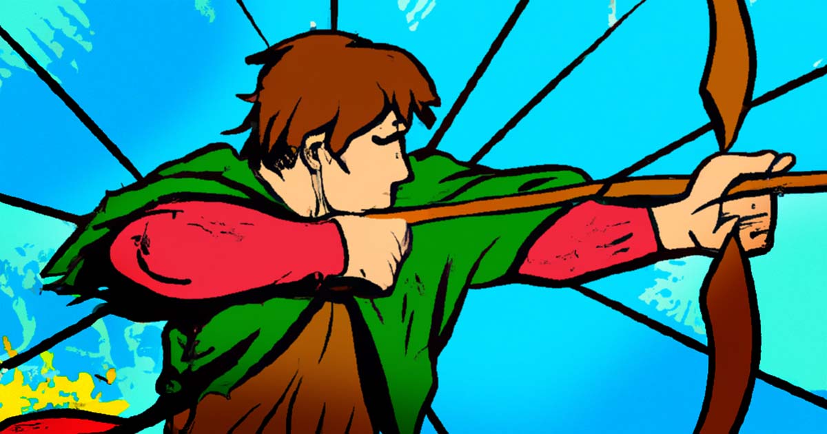 An AI-generated image of Robinhood firing an arrow in the style of a comic book.