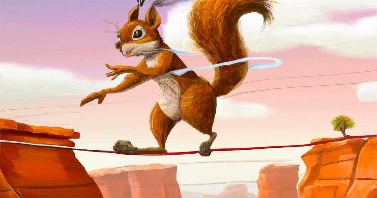 An AI-generated image of a squirrel accountant walking a tightrope over the Grand Canyon.