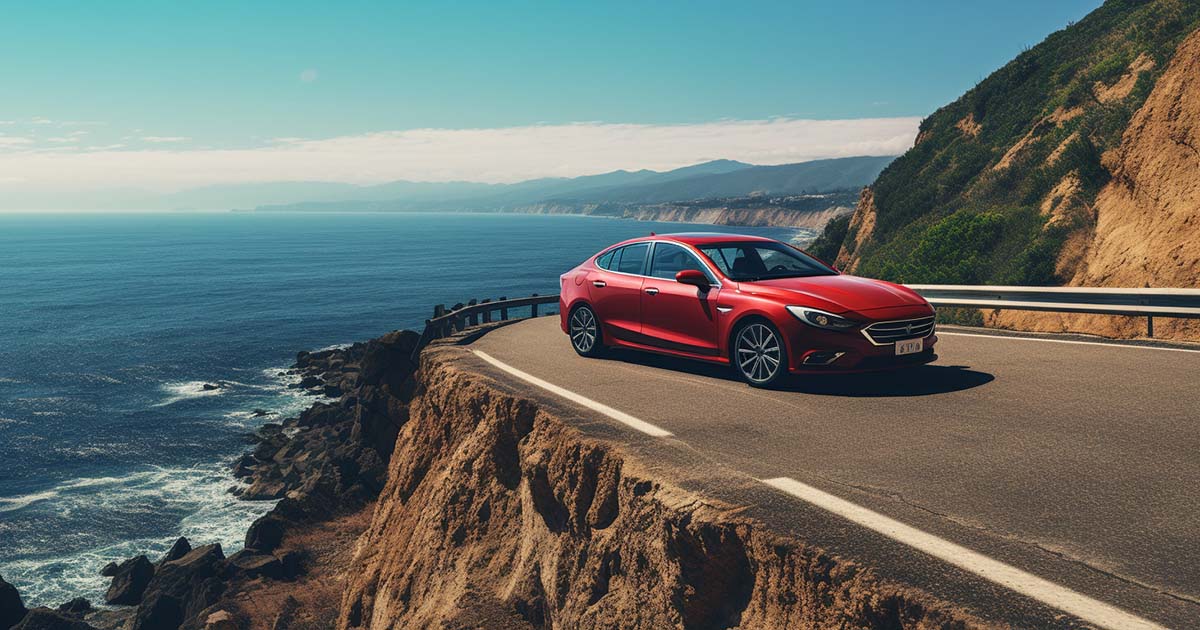 An AI-generated image of a red sedan on a coastal road.