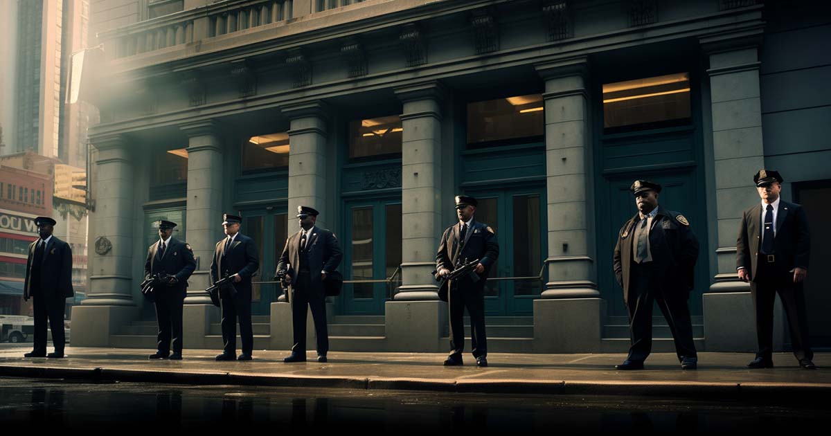 An AI-generated image of agents standing in front of a bank.