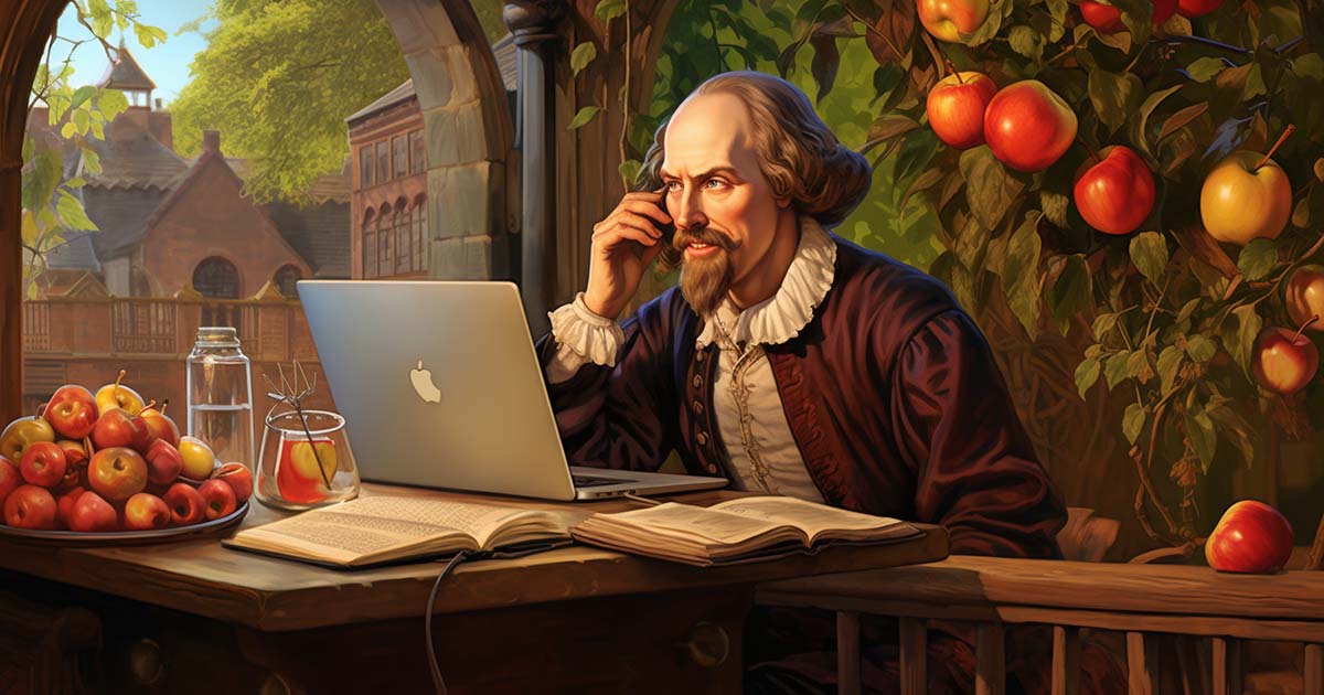 An AI-generated image of William Shakespeare working on a MacBook Pro.