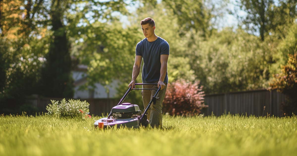 An AI-generated image of a young man mowing a lawn.