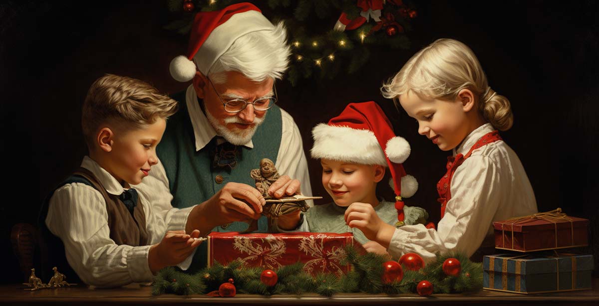 An AI-generated image of a father with his children at Christmas.