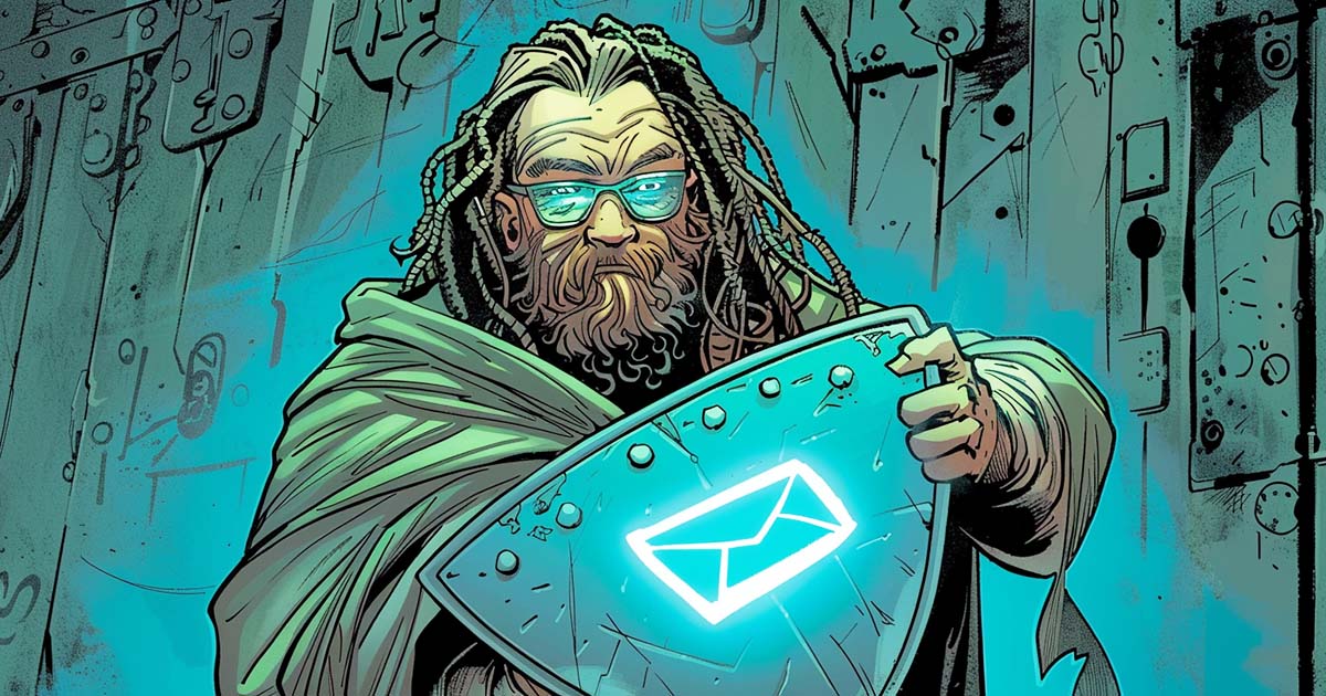 An AI-generated image of Jaron Lanier protecting your email.