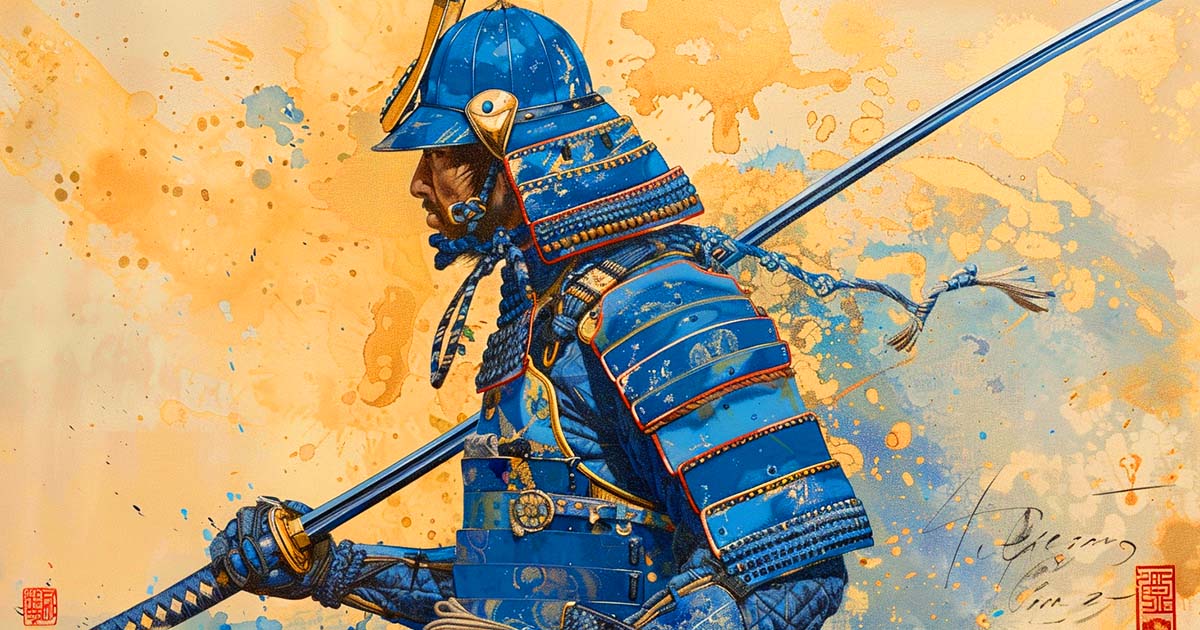 An AI-generated image of a samurai in blue armor.